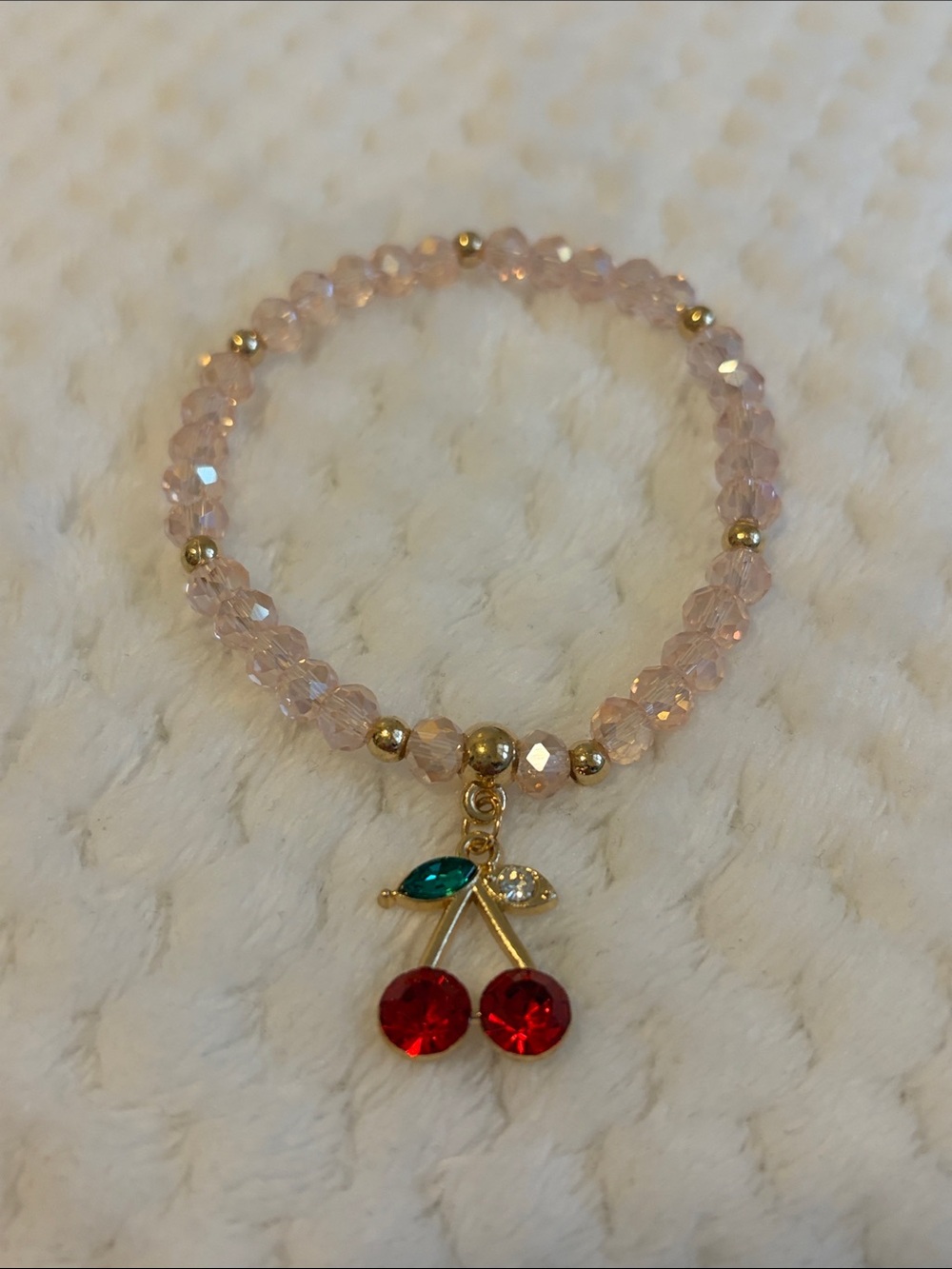 NWOT Delicate Pink Beaded Stretch Bracelet with Cherry Charm